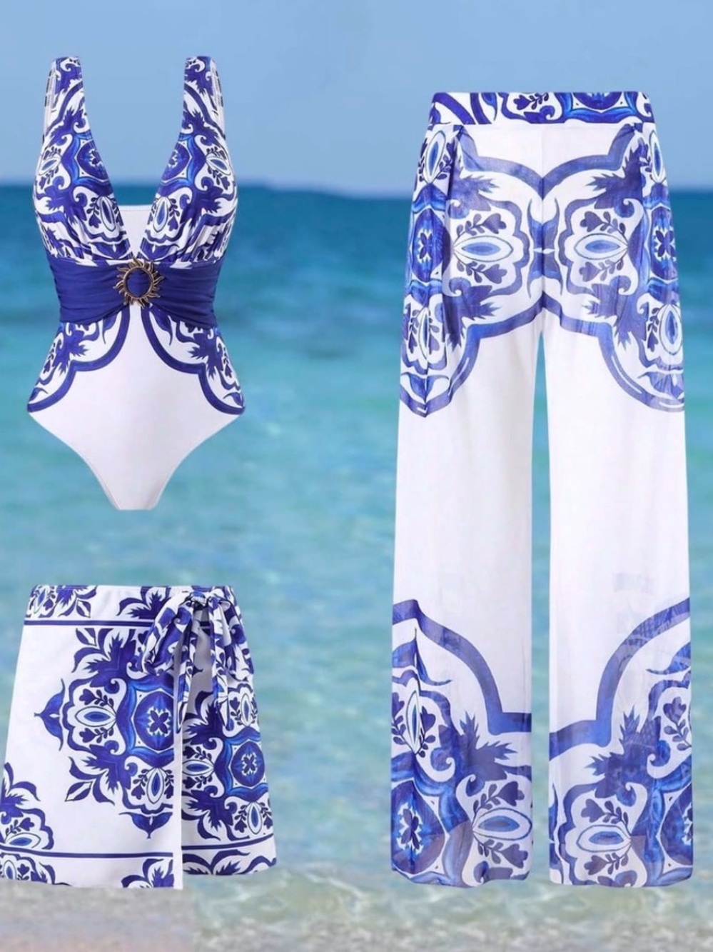 Blue & White Tile Print Swim Set - One-Piece, Skirt & Wide-Leg Pants Size 6